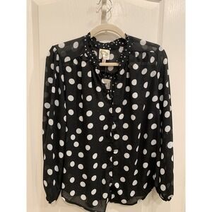 Fig and Flower Black‎ and White Polka Dots Sheer Button Blouse NWT